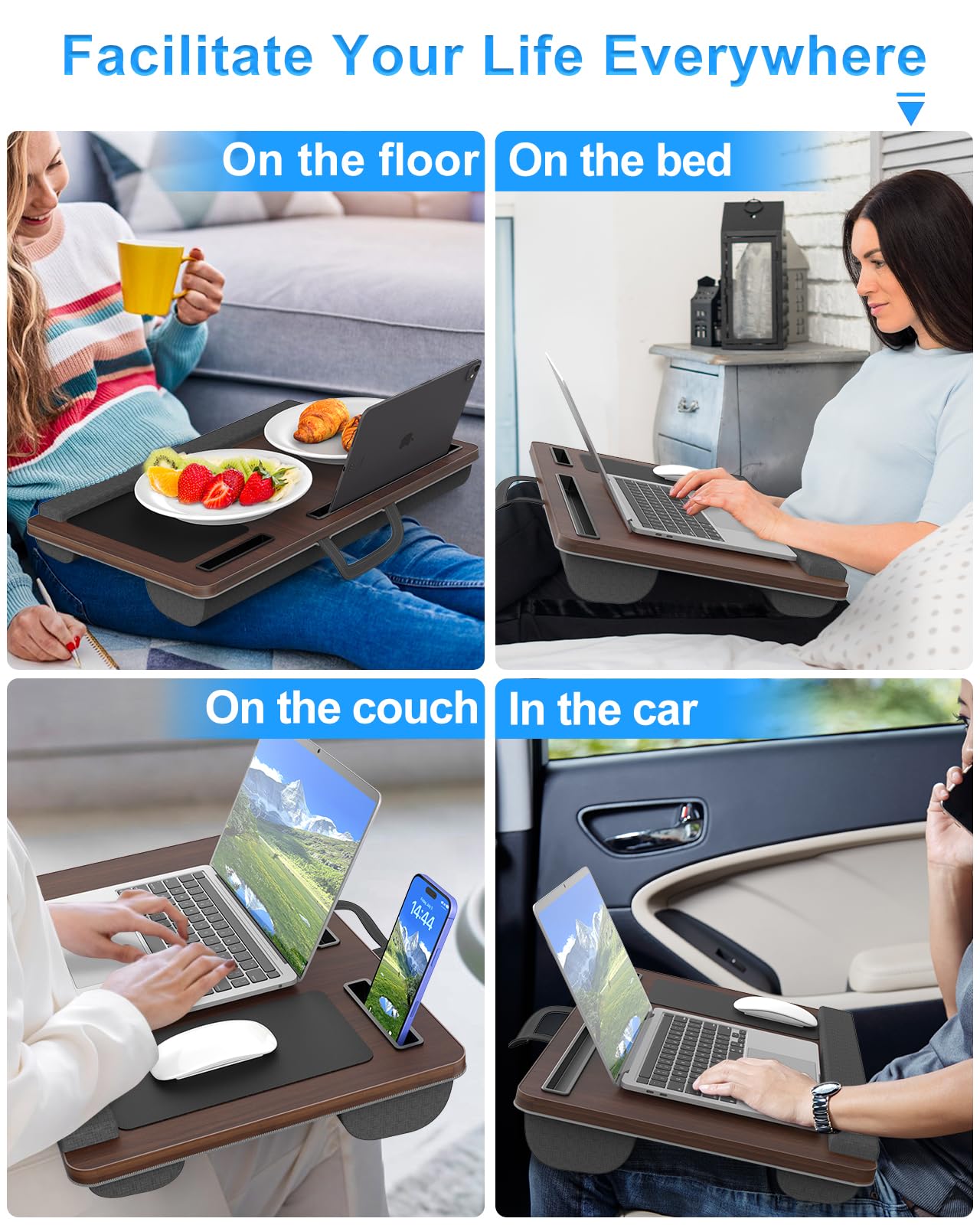 HETTHI Laptop Lap Desk, Portable Large Laptop Desk for Bed, Up to 17 in Lap Table with Wrist Rest, Mouse Pad, Tablet Phone Slot, Portable Handle, Lap Tray with Cushion (Dark Brown)