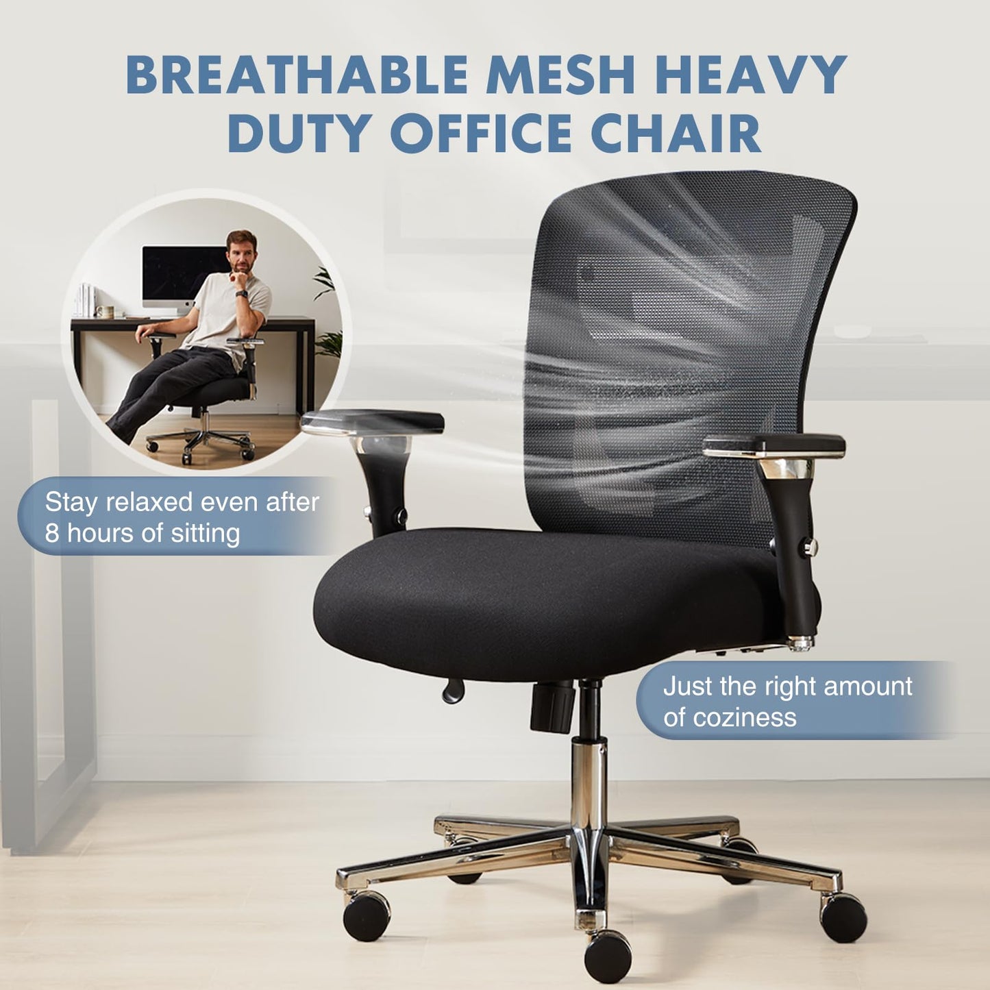 DUMOS Big and Tall Office Desk Chair with Lumbar Support, 500lbs Heavy Duty Mesh Ergonomic Computer Chair with 4D Armrest and Wide Comfy Seat, Swivel Wheels for Adult, Black