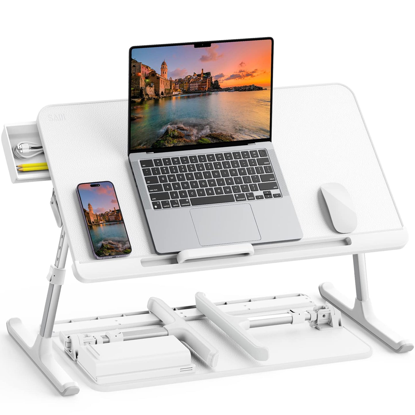 SAIJI Laptop Bed Tray Table, Adjustable PVC Leather Laptop Bed Table, Portable Standing Desk with Storage Drawer, Foldable Lap Tablet Table for Sofa Couch Floor (Large,White)