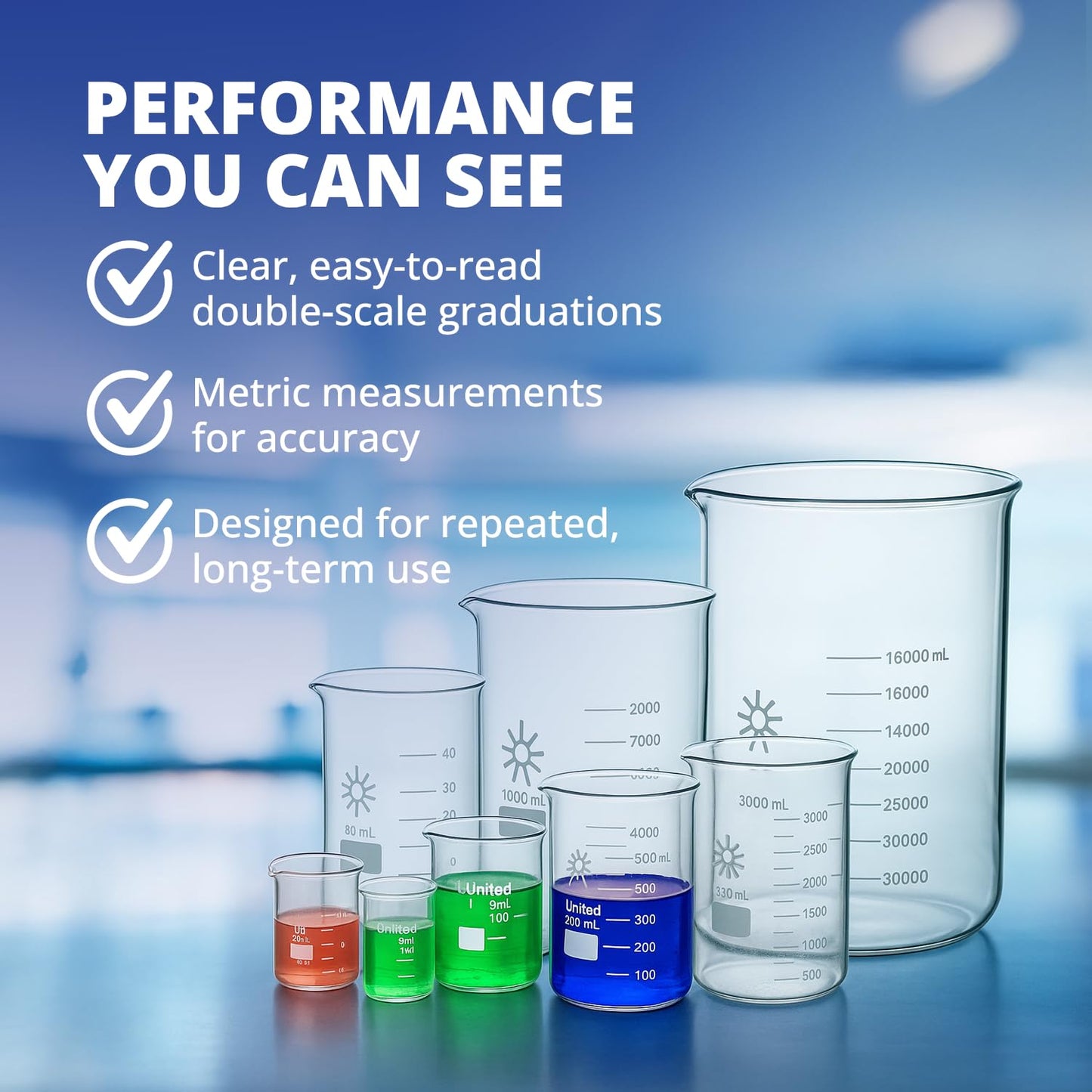 United Scientific™ (1,000mL) 1 Liter Beaker - Low Form Griffin, Double Scale Graduation Chemistry Glassware, 3.3 Borosilicate Glass Beaker with Pour Spout, Beaded Rim and Autoclavable, 1 Each