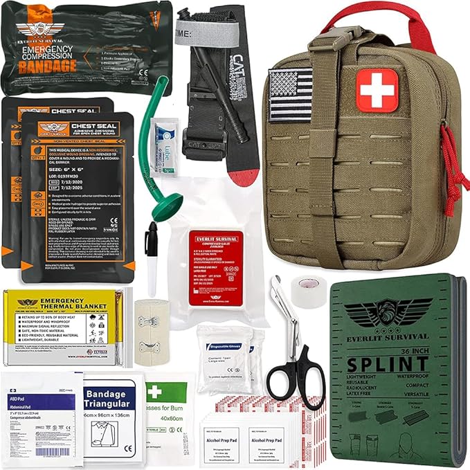 EVERLIT Advanced Trauma Kit, CAT GEN-7 Tourniquet, TCCC Compliant, Mil-Spec Nylon Laser Cut Pouch with 36" Splint, Militar...