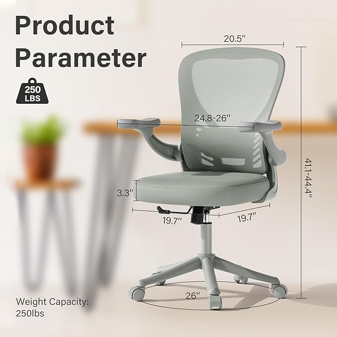 Ollega Computer Desk Chair with Wheels, Mesh Office Chair with Flip Up Arms, Adjustable Lumbar Support, Swivel Desk Chair Comfy, All Grey