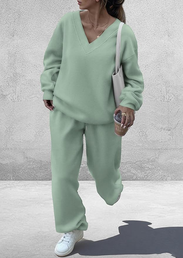 PRETTYGARDEN Casual Winter Two Piece Sets for Women 2026 V Neck Sweatshirt Loose Wide Leg Pants Tracksuit Knit Fall Outfits