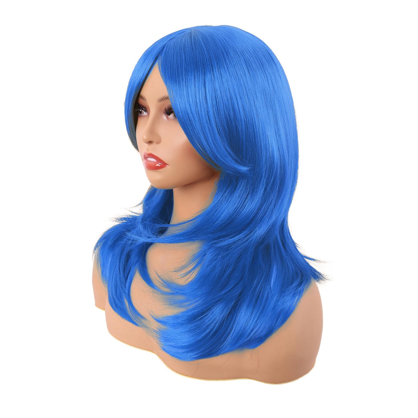MapofBeauty 20 Inch/50 cm Long Layered With Bangs Straight Synthetic fiber Shoulder Length Hair Party Wig (Bright Blue)