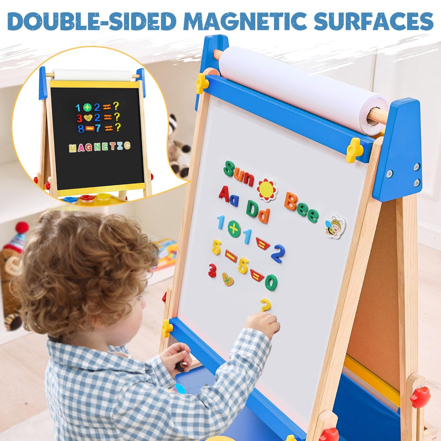 Art Easel for Toddlers Kids, Adjustable Standing Art Easel with Magnetic Chalkboard & Whiteboard, Dry-Erase Board, Paper Roll, Drawing & Painting Easel for Kids Ages 3 4-8 9-12, Blue w/Bag