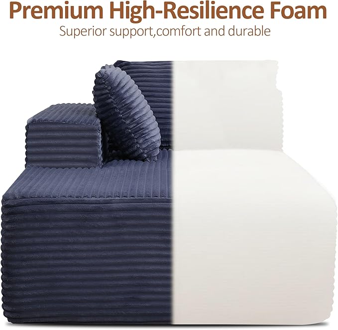 WUTUTUEE 110" Boneless Sectional Couch with Chaise Lounge, Cloud Couch Compressed Sofa L Shape, No Assembly Memory Foam Sofa for Living Room, Blue Corduroy