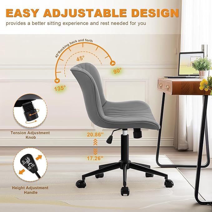 VATROS Office Chair, Armless Desk Chair with Wheels, Ergonomic Comfy Home Office Computer Task Chairs, Faux Leather Padded Cute Vanity Chair, Adjustable Height Swivel Chair with Back,Gray