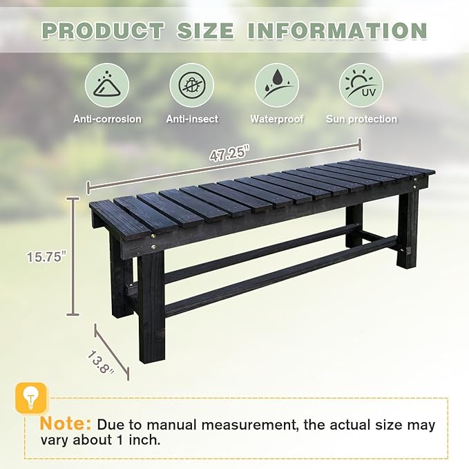 LSPYYDS Outdoor Garden Bench, 3-Person Wood Patio Bench Weatherproof Outdoor Backless Bench, Anti-Corrosion and Anti-Rust Garden Benches for Garden Lawn Porch Park Backyard (Black,47.25''/120cm)