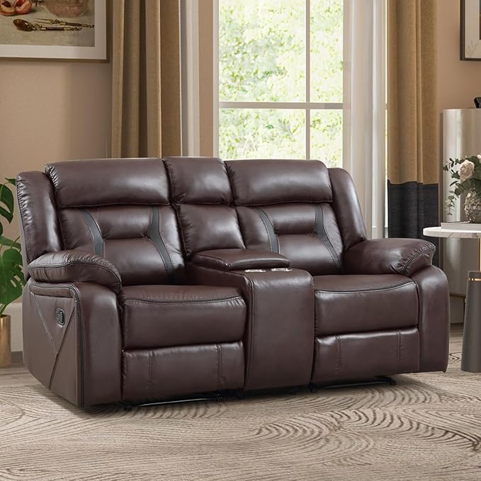 EBELLO Manual Faux Leather Loveseat Recliner, 2 Seat Reclining Sofa Chair with Center Console, Hidden Storage and Cup Holders, Daul Recliner for Living Room, Meeting Room, Dark Brown (Loveseat)