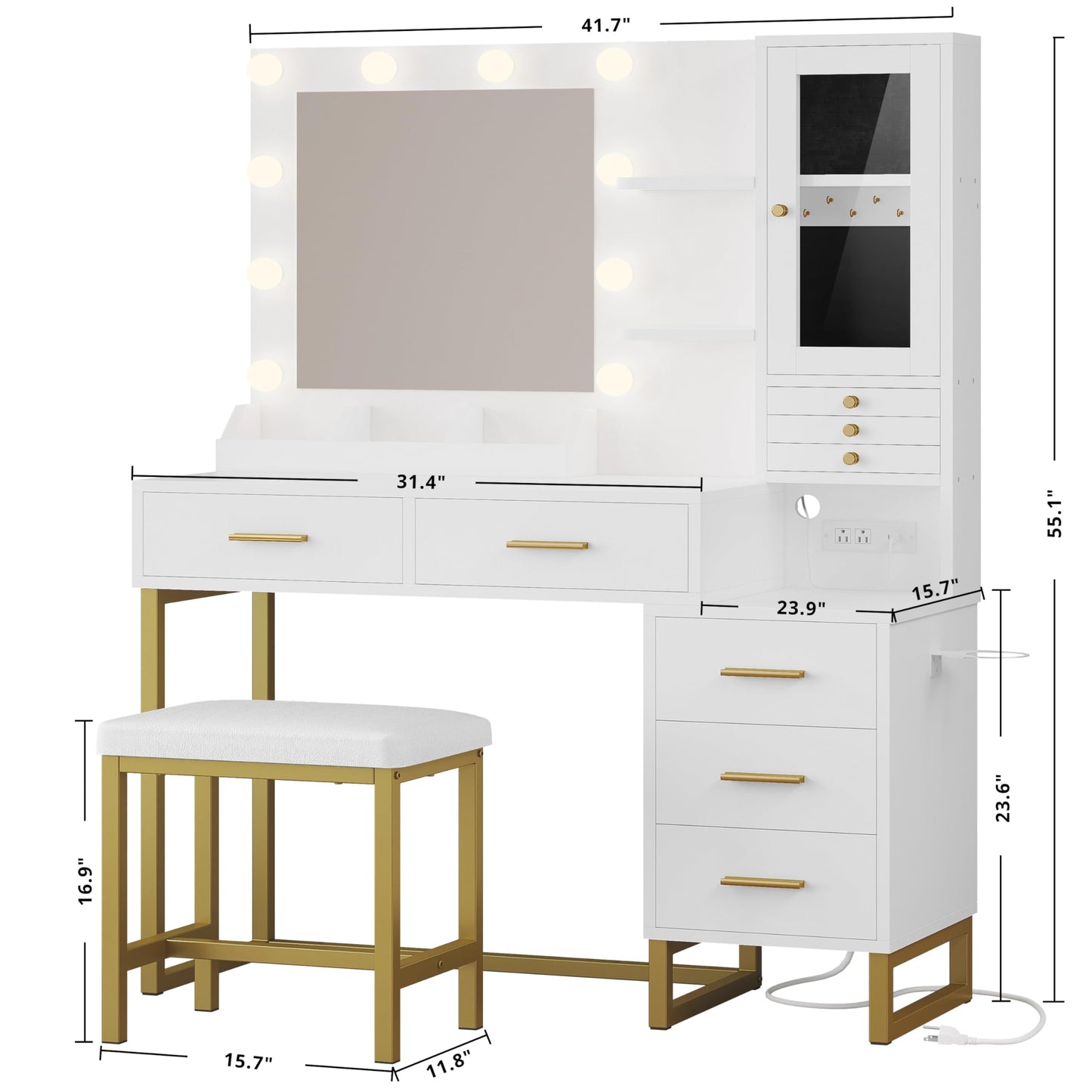 IRONCK Vanity Desk with Mirror and Lights, Makeup Vanity Table with 5 Drawers & Shelves, Power Outlet, Vanity Stool, Dressing Table with Jewelry Storage for Girls Bedroom, White & Gold