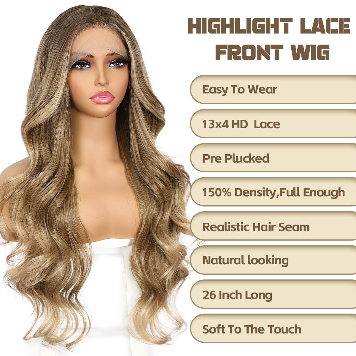 BABEHERS Blonde Lace Front Wig for Women 13x4 Body Wave Synthetic Wigs with Ombre Blonde Tips Pre-plucked Long Wavy 150% Density