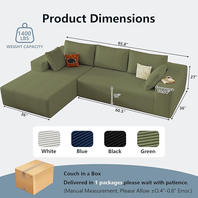 96" Cloud Sectional Couch with L-Shape Chaise, Modern Corduroy Boneless Couch for Living Room,Memory Foam Sofa with Deep Seat,No Assembly Required (Green,Left-Facing Chaise)