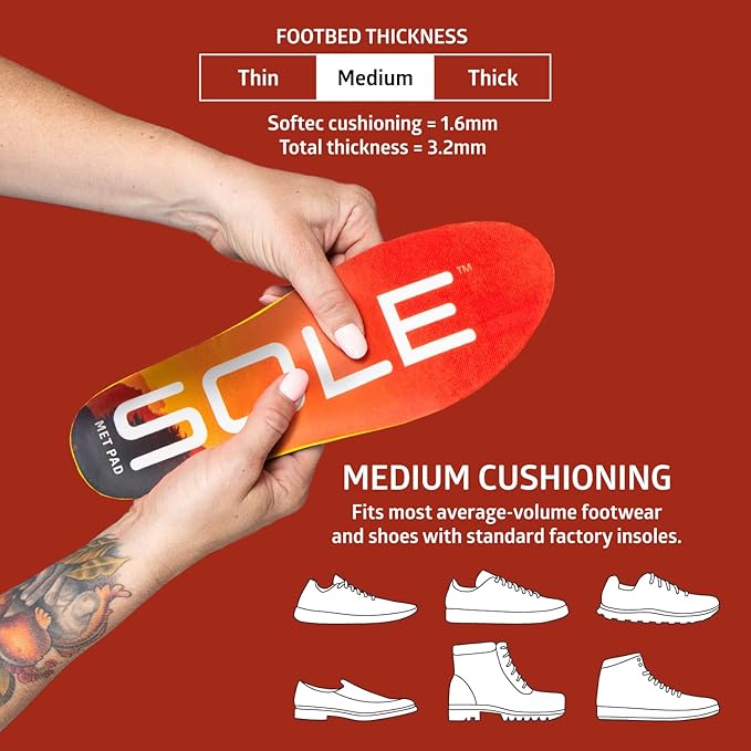 SOLE Performance Medium + Met Pad Insoles - Custom Moldable Orthotic Support for Any Arch Type, Plantar Fasciitis Relief - Mens Size 14/Womens Size 16, 1 Pair