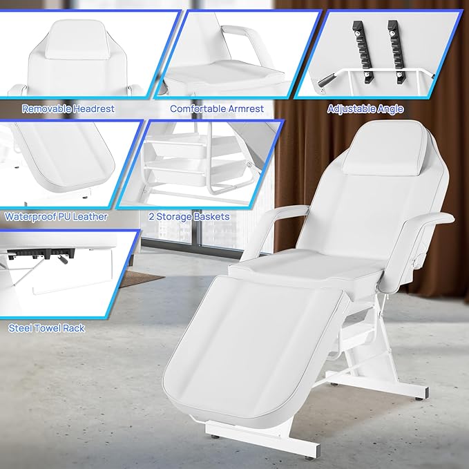 Facial Chair Tattoo Chair Massage Bed Adjustable 3-Section Multipurpose with Hydraulic Stool for Esthetician Beauty Spa Tattoo Eyelash Equipment White