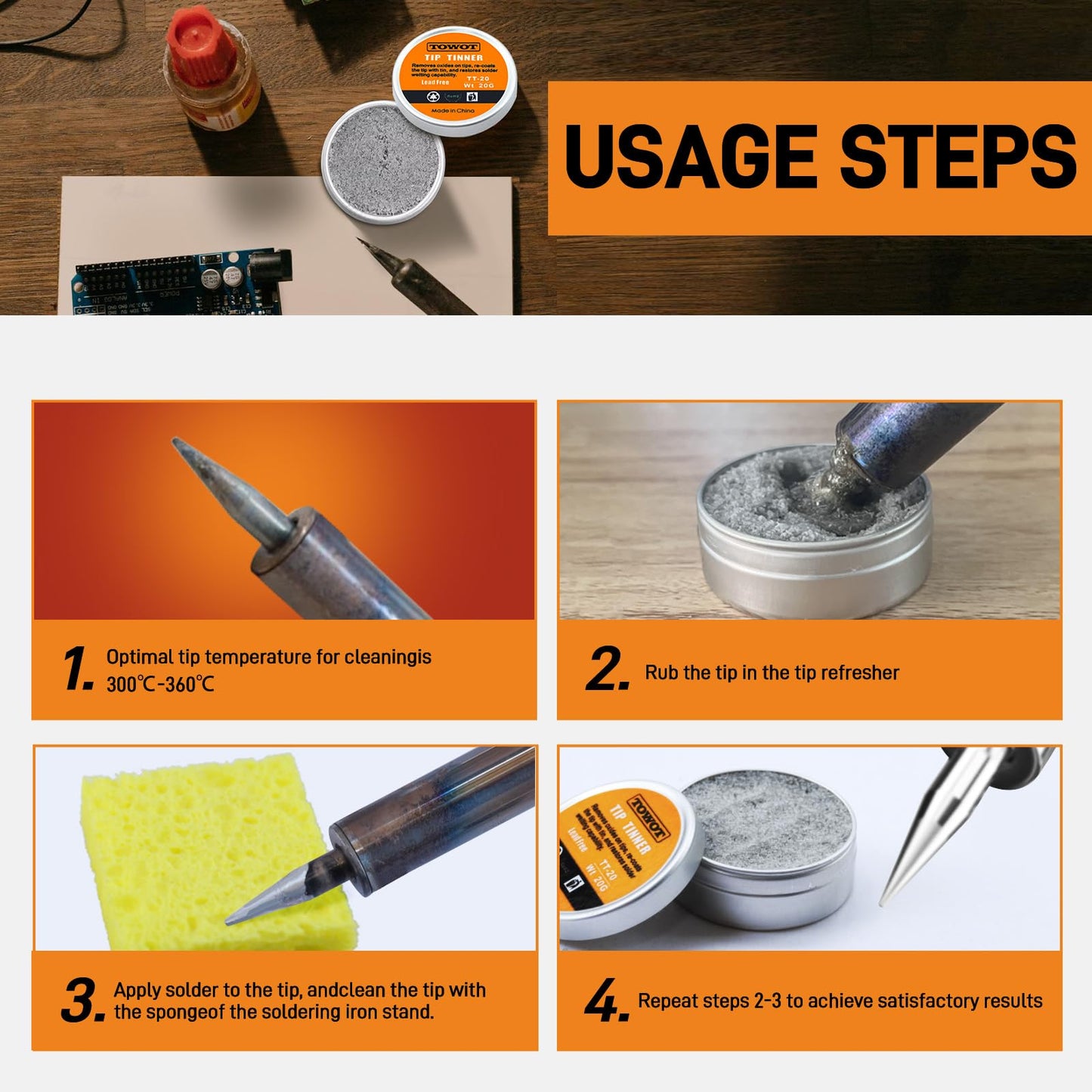TOWOT Tip Tinner For Electronics Soldering, Iron Tip and Re-Tinning Solution, Removes Oxidation, 20g
