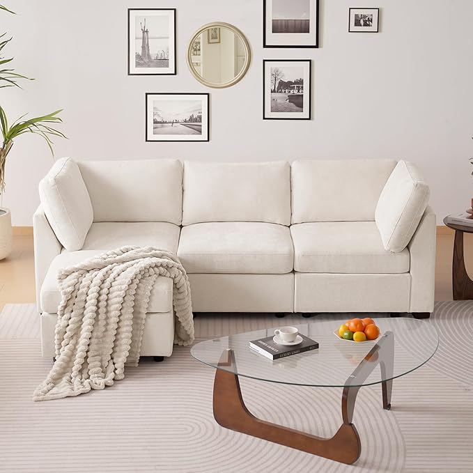 TEKAMON 96" Modular Sectional Sofa with Ottoman,Large Comfy Cloud Deep Seat,Reversible Chaise Modular Sectional Couches for Living Room and Apartmenr,Beige 3seater
