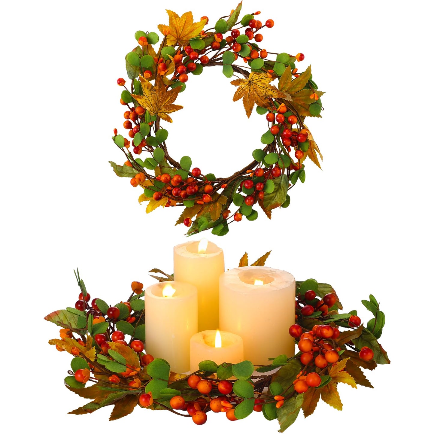 FineCheer 1 Pcs 6.5'' Inner 12" Outer Fall Candle Rings Artificial Maple Leaves Berries Garland for Candlestick Autumn Wreath Candle Holders for Fall Thanksgiving Halloween Table Centerpiece Decor
