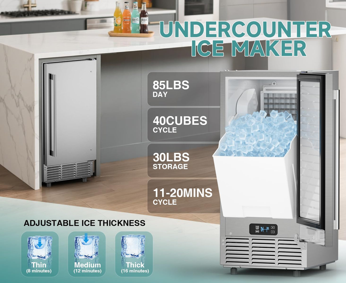Commercial Ice Machine 85Lbs/24H, Commercial Ice Maker with 30 LBS Storage Bin, Ice Cubes Ready in 5-15 min, Freestanding or Under Counter Ice Maker Machine, Thicknesses Adjustable, Stainless Steel