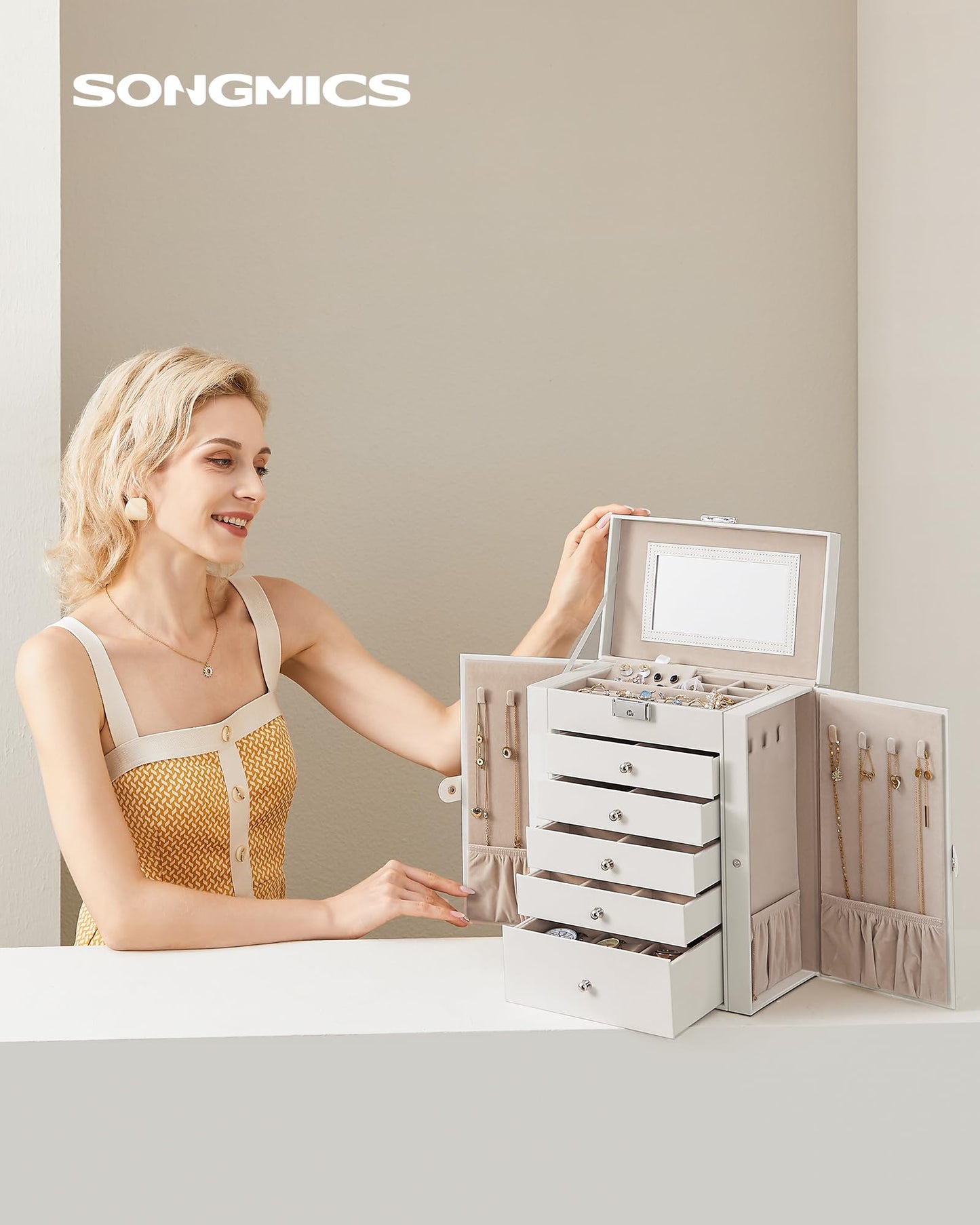 SONGMICS 6 Tier Jewelry Box, Jewelry Storage Organizer with 5 Drawers, Large Storage Capacity, with Mirror, Lockable, Jewelry Ca