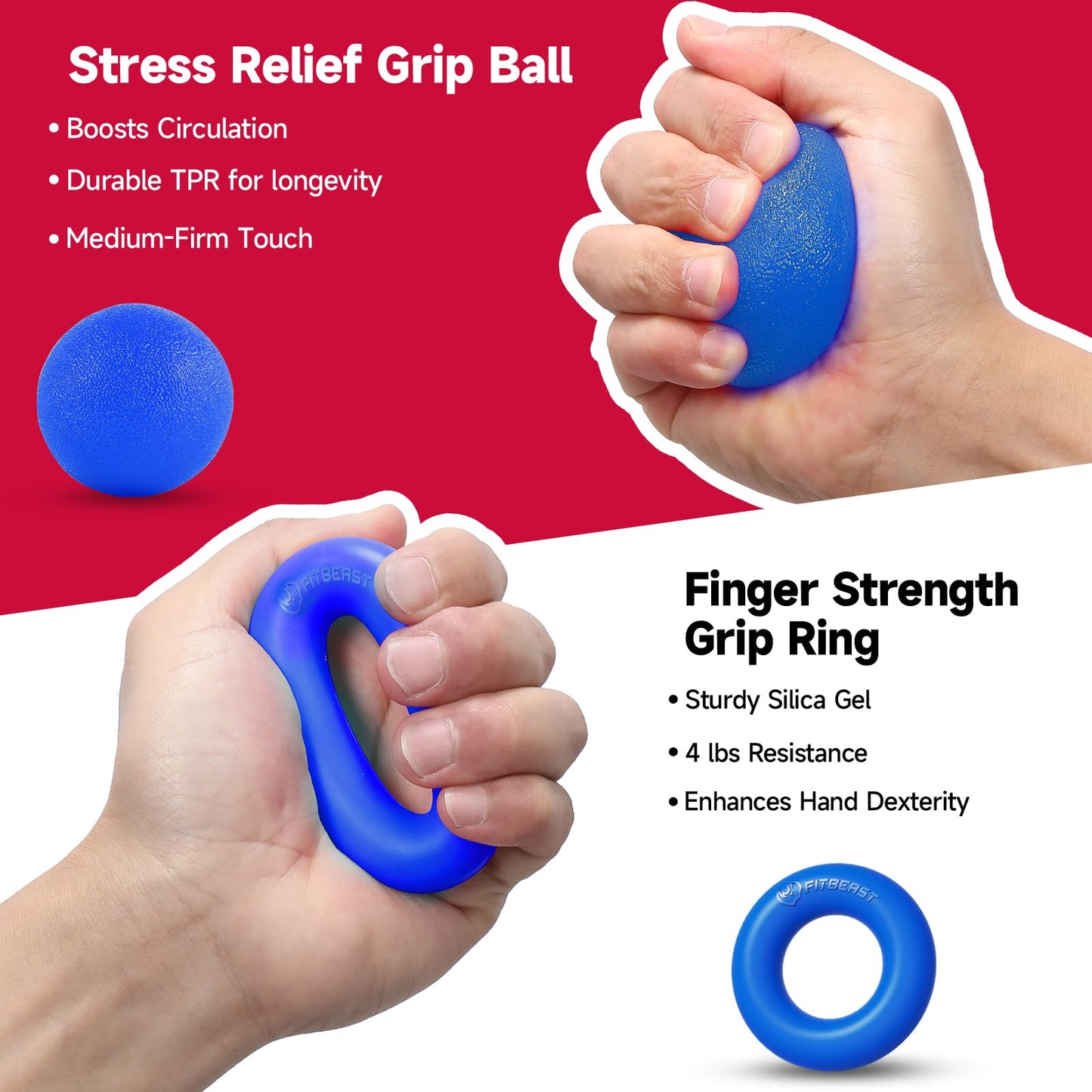 FitBeast Hand Grip Strengthener Workout Kit (5 Pack), 2 Forearm Grip Adjustable Resistance Hand Gripper, Finger Stretcher, Grip Ring & Stress Relief Grip Ball for Athletes, Dark Blue
