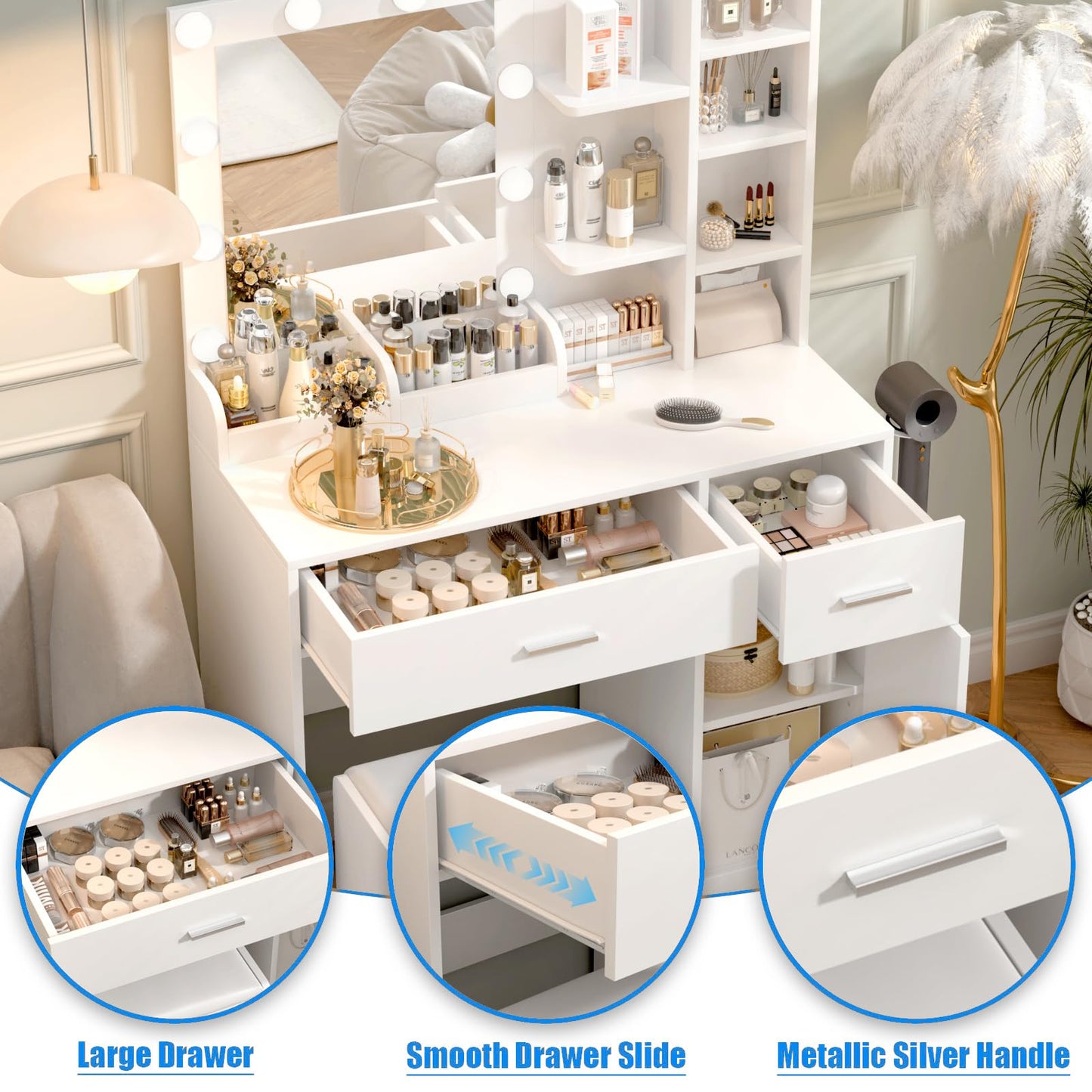 REFGY White Vanity Desk with Mirror and Lights, Makeup Vanity Desk with Lights 3 Colors, Dressing Table with 10 Bulbs, Power Outlet 2 Drawers Vanity Stool Makeup Table Set for Bedroom, Dressing Room