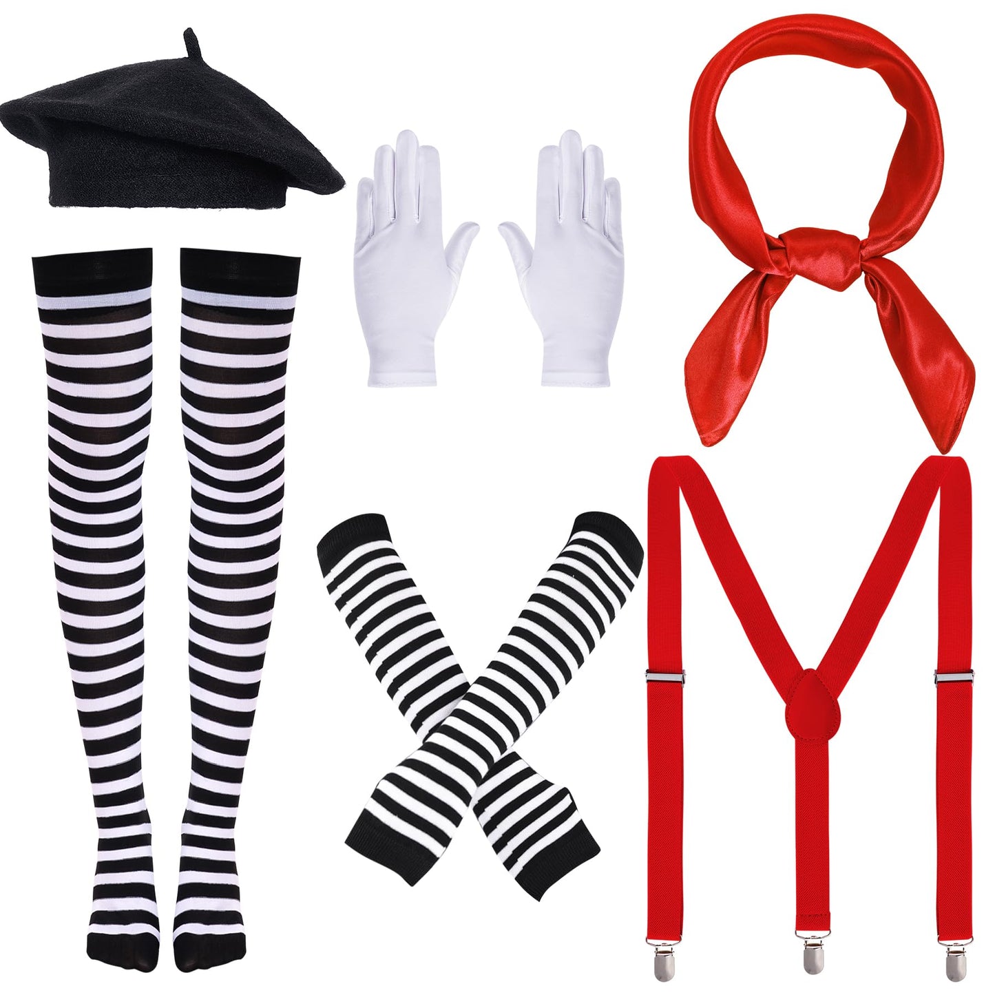 mifengda 6Pack Women Mime Artist Costume Accessories Girl French Mime Costume Halloween Outfit with Beret Gloves Suspender Scarf Socks for Halloween Dress Up Costume