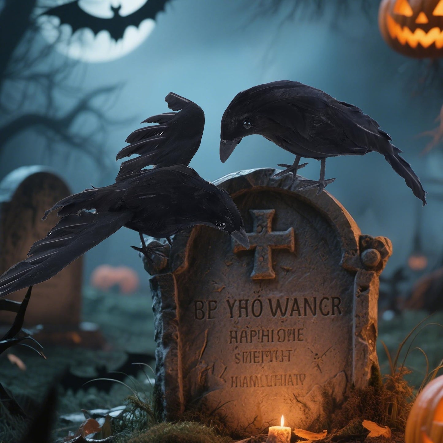 YOFIT Halloween Crows Decorations, 2 Pcs Extra Large Realistic Crows Artificial Ravens, Black Feather Birds Prop for Indoor Outdoor (17 Inch & 10 Inch)