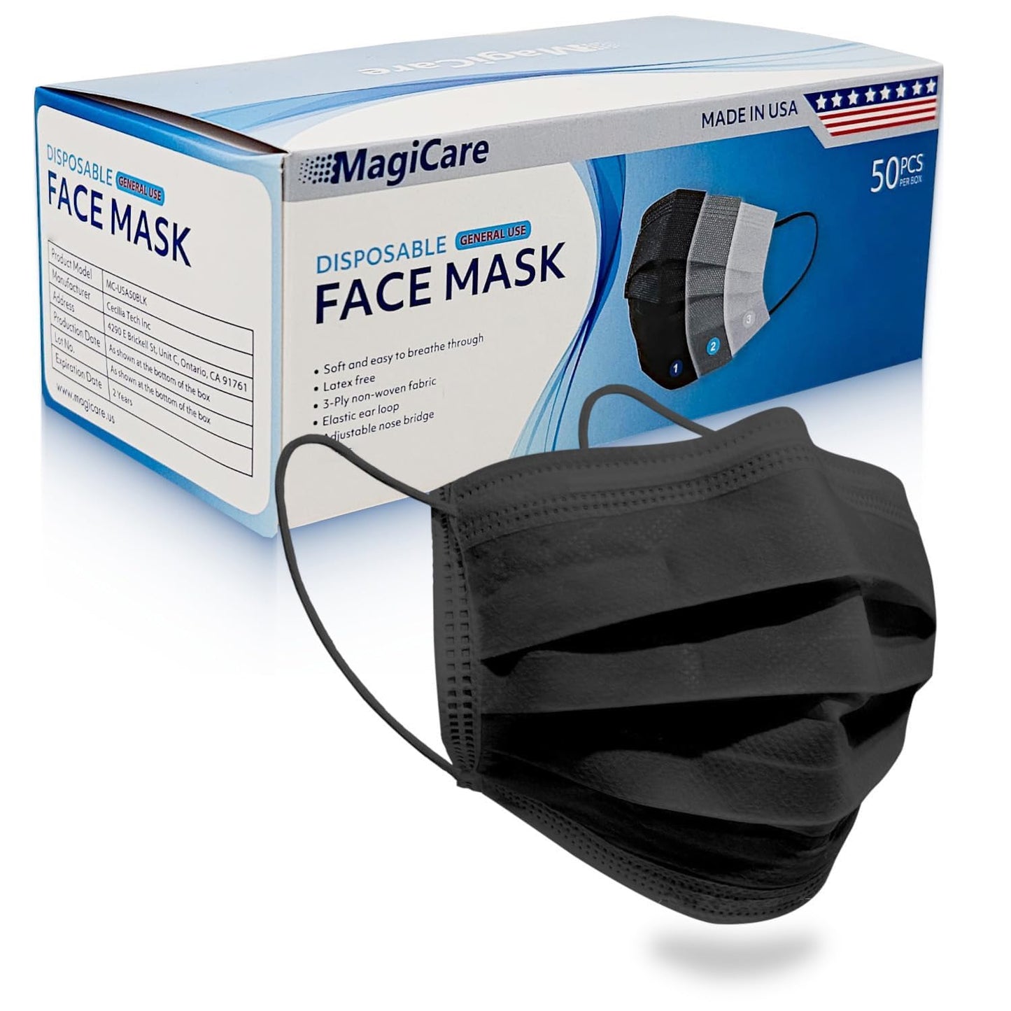 MagiCare USA Made Black Face Masks, Disposable - Adult 3 Ply Premium Black Mask - Disposable Face Mask for Women & Men - Comfortable, Soft, Breathable (50/Box)
