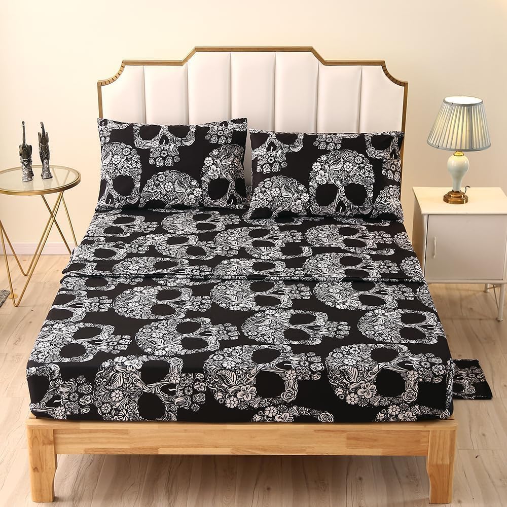 SDIII 4PCS Sugar Skull Sheets Set Full, Gothic Bedding Sheet Set, Flower Skeleton Full Size Sheet Set, Goth Skull Floral Sheets Full for Halloween