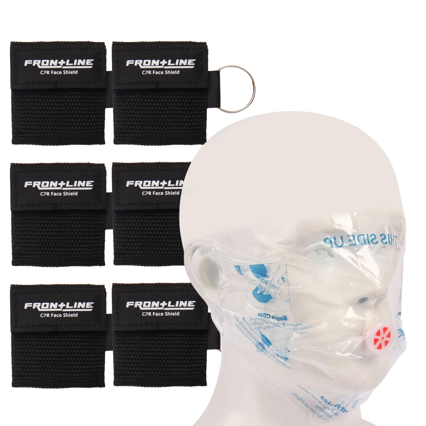 CPR Face Shield with Keyring (6 Pack), CPR Pocket Mask for Emergency Kit, First-Aid and Training with One-Way Valve by Frontline (Black)