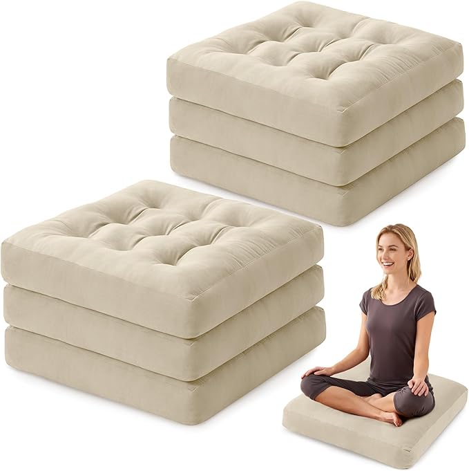 SM-XLHN Meditation Floor Pillow Set of 6, Square Large Pillows Seating for Adults, Meditation Cushion Pillow,Tufted Corduroy Cushion for Tatami Living Room or Yoga, Beige, 22x22 Inch