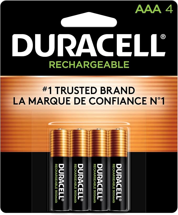 Duracell Rechargeable AAA Batteries 4 Count, Long-lasting Power, All-Purpose Pre-Charged NiMH Triple A Battery for Household and Gaming Devices