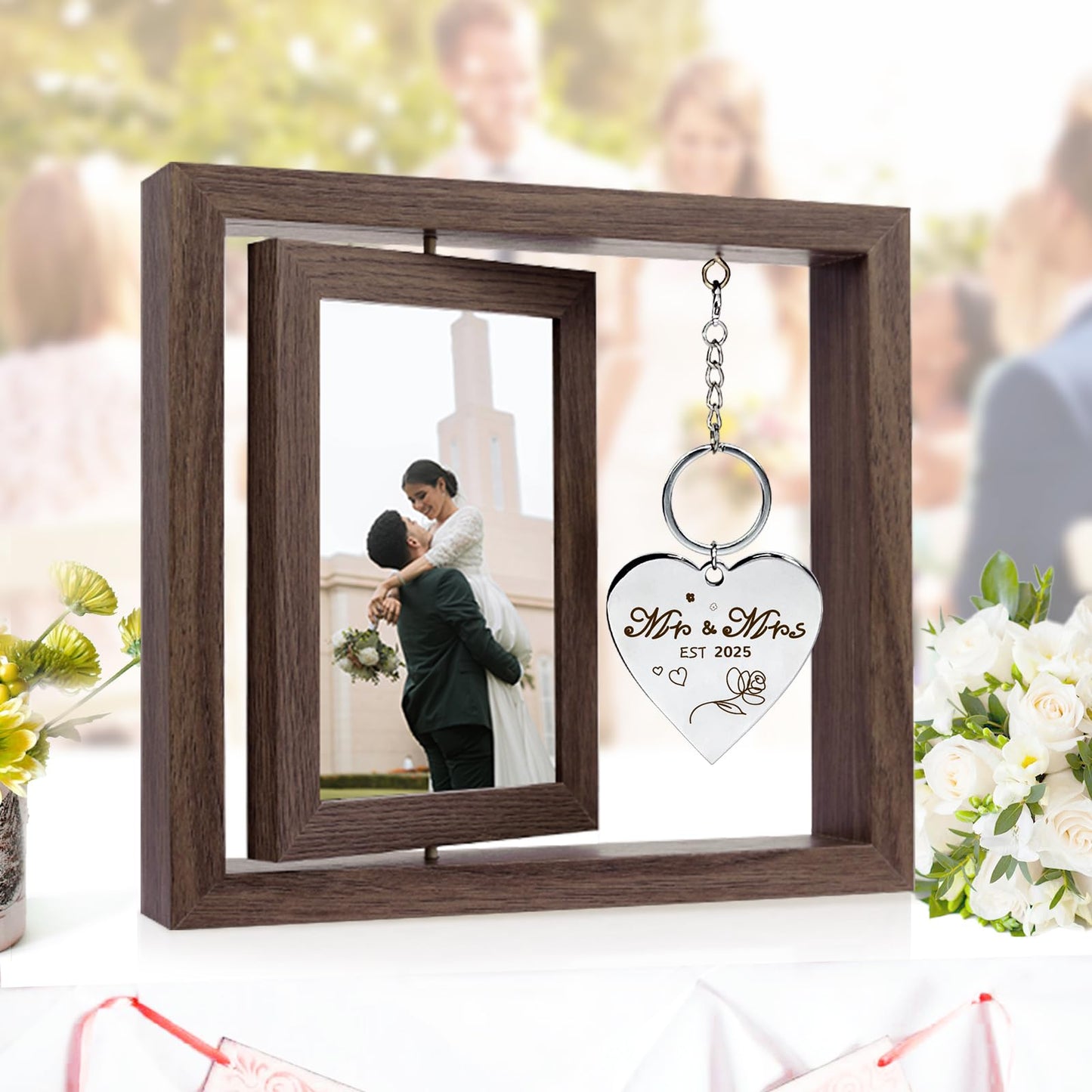Wedding Gifts for Couples 2025,Rotating Floating Mr and Mrs Picture Frame,4x6 Rustic Picture Frame Engagement Gifts for Couples,Bridal Shower Gift for Bride to Be