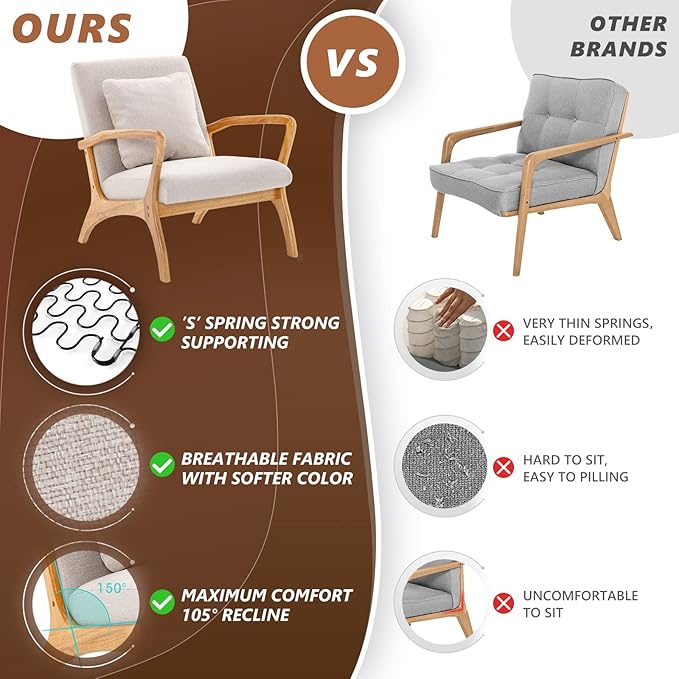 ELUCHANG Accent Chair with Lumbar Pillow,Mid-Century Modern Accent Chair Armchair, Linen Fabric Comfy Reading Chair Lounge Side Chair for Living Room Bedroom Apartment,Easy Assembly(Beige,2PCS)