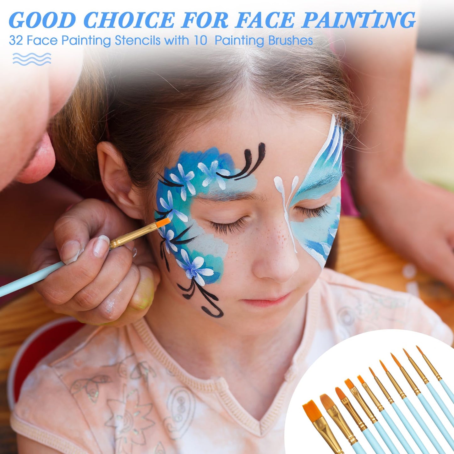 Thenshop 42 Pcs Face Paint Stencils Kits Includes 28 Reusable Facial Painting Stencils with 4 Stickers 10 Painting Brushes Plastic Tattoo Templates for Kids Halloween Party Makeup(Classic Style)
