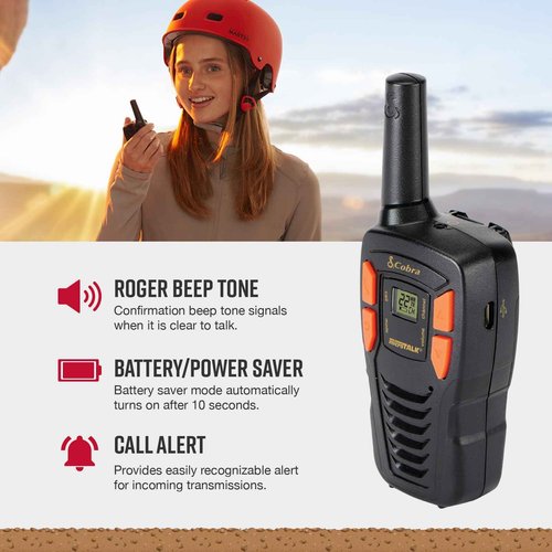Cobra ACXT145 Compact and Lightweight Walkie Talkies for Adults & Compatible Cobra Surveillance Headset: Rechargeable, 22 Channels, Long-Range, 2 Two-Way Radios, 2 Headsets, Black/Orange