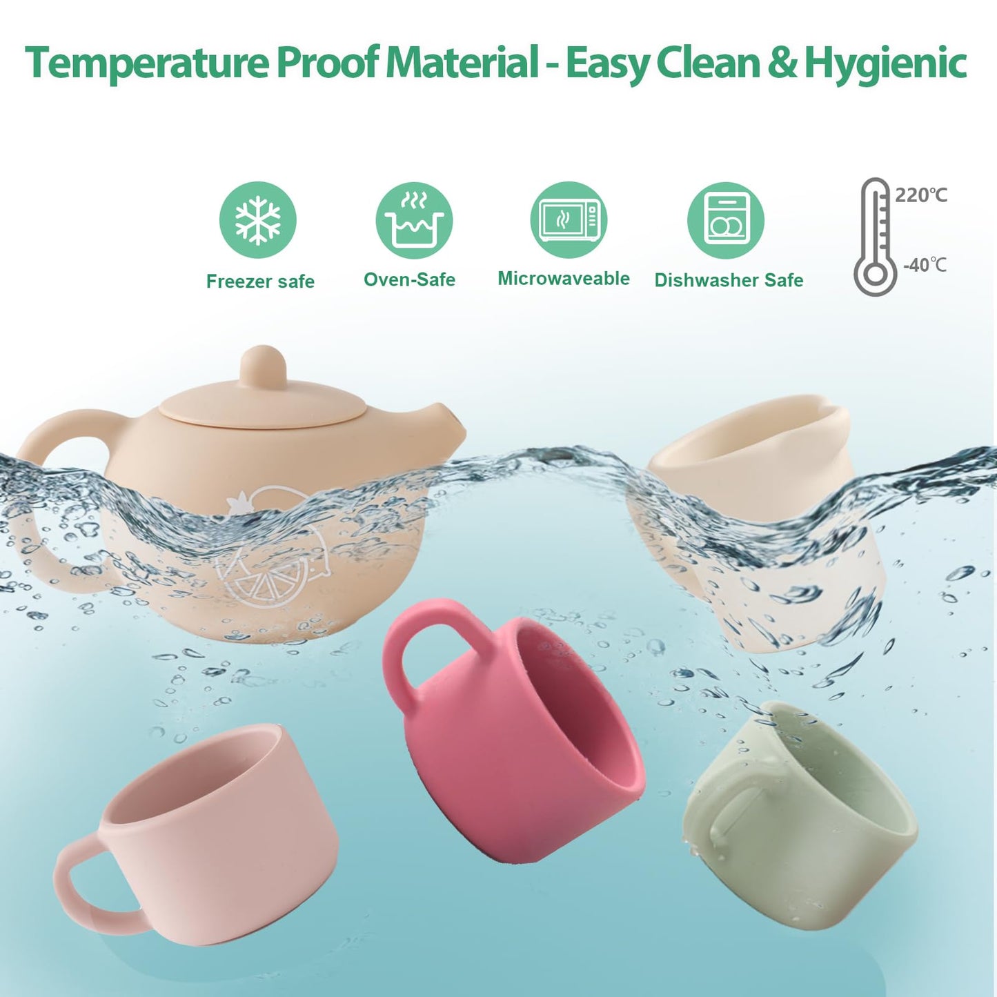 Smartwo Silicone Tea Set for Toddlers Aged 0+ Months,Real or Play Tea Party Set for Kids,Non-Toxic Baby Kitchen Toys,Cute Morandi Children Gift Suitable for Little Girl Boy(with Washable Cloth Napkin)