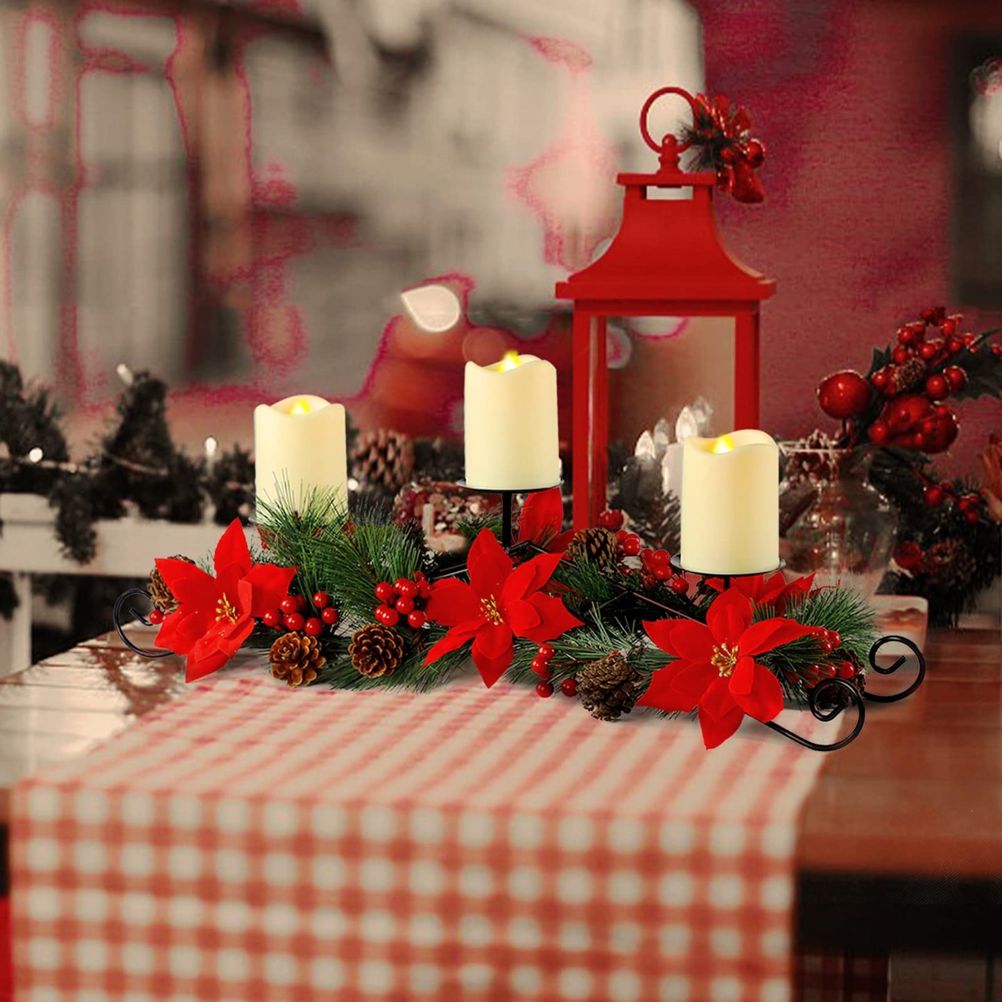 MorTime Christmas Centerpiece with 3 Candle Holders, Xmas Tabletop Decor with Red Flowers Berries Pinecones Steel Base for Indoor Home Christmas Decoration