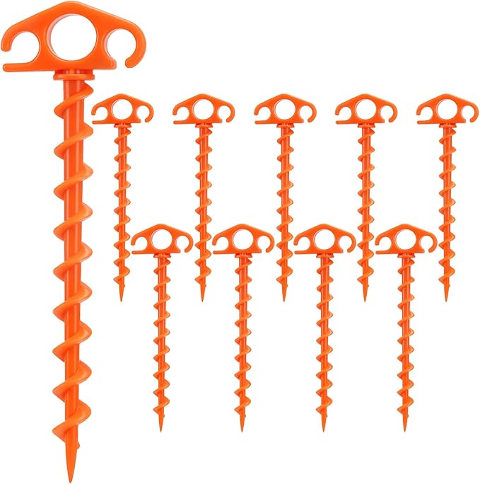 COBARYEN Tent Stakes Ground Anchors Screw in, 10 Pack Sand Stakes for Beach 9.4 Inch Heavy Duty Spiral Tent Pegs for Camping, Party, Hiking, Outdoor Decoration (10, Orange)