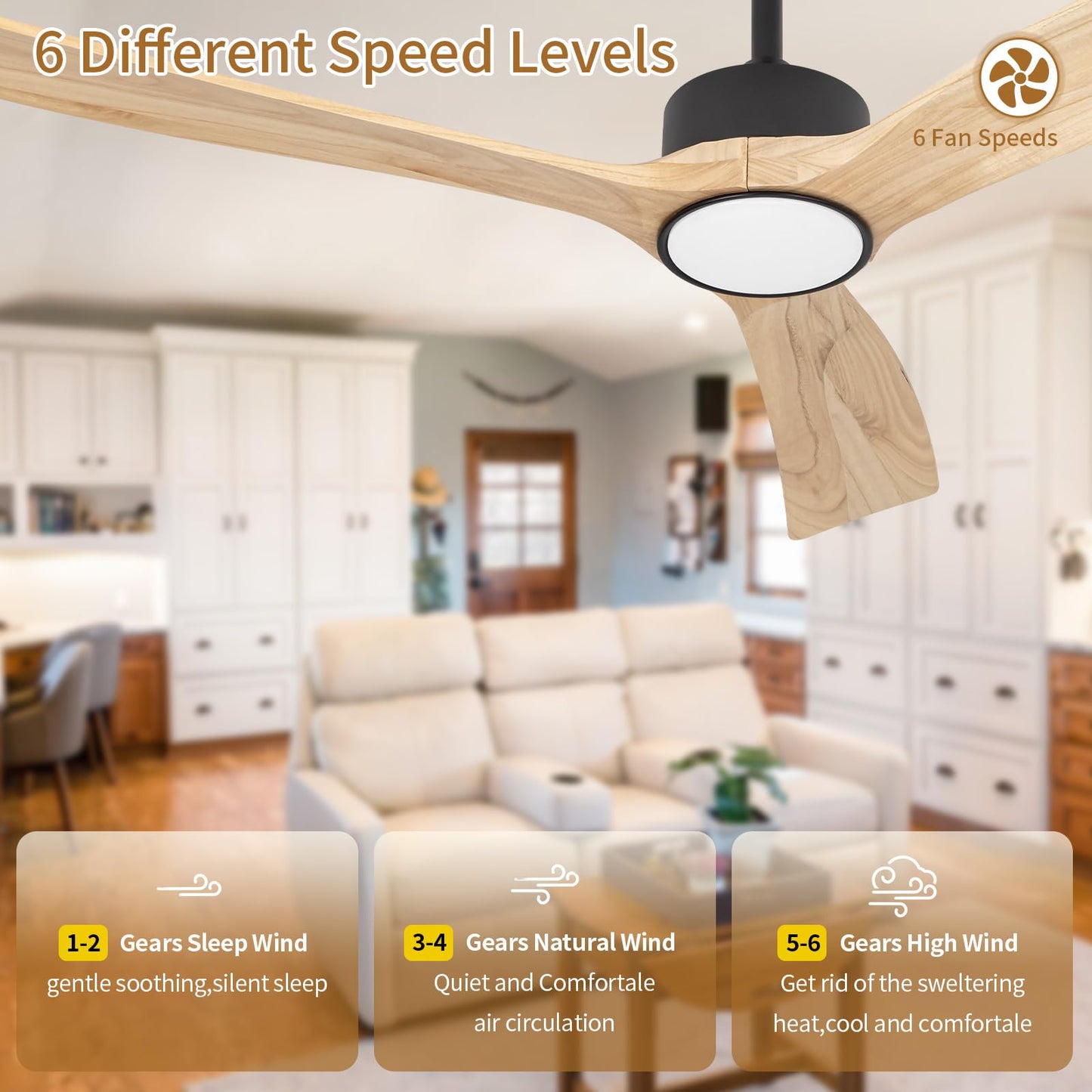 iTni 52inch Ceiling Fan with Lights,Downroad Ceiling Fans with Remote Control,3 Wooden Blades,Dimmable Light,6 Speeds,Noiseless,Ceiling Fan for Bedroom,Living Room,Office,Indoor,Natural Wood Grain