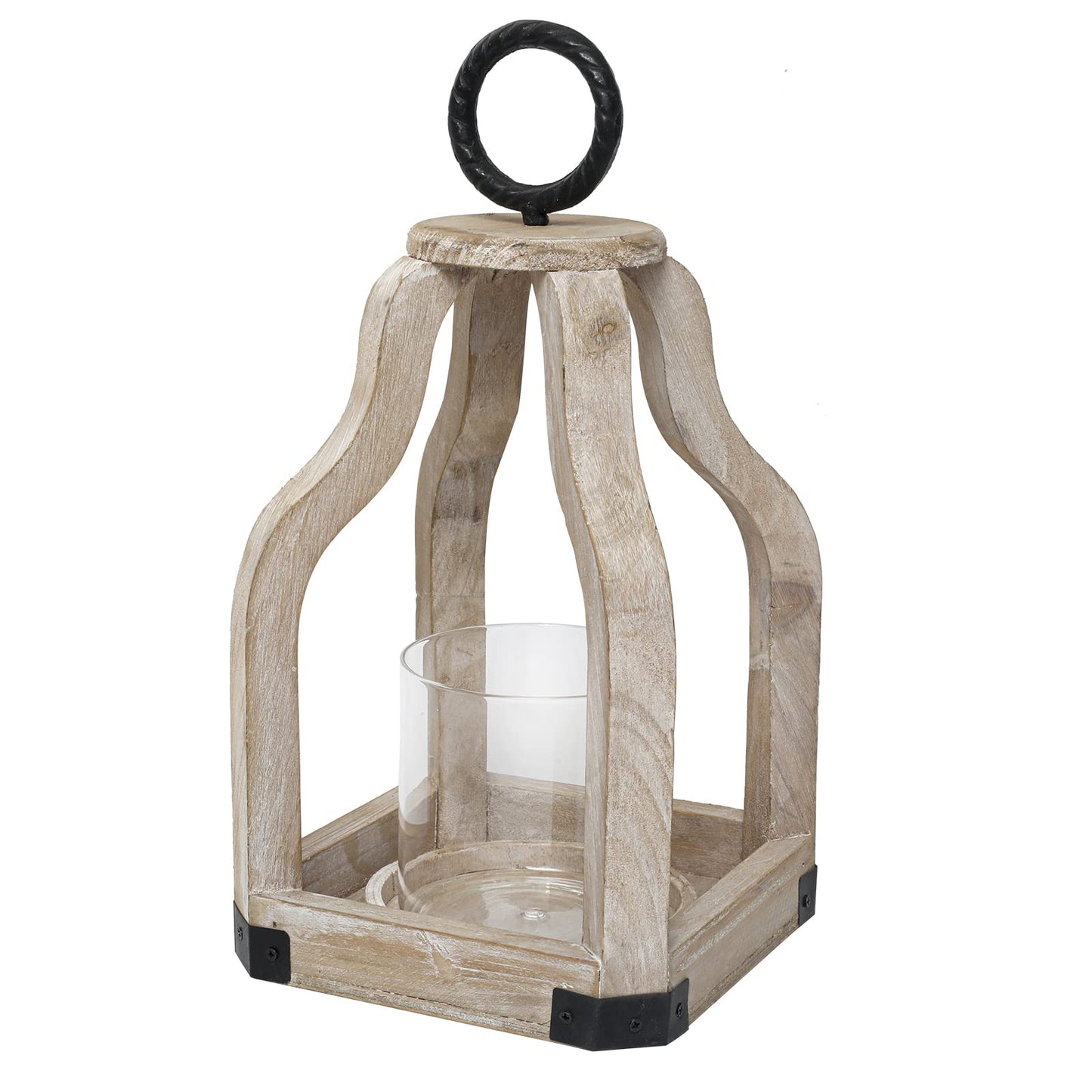 SWALLOWLIVING 13" Rustic Farmhouse Wood Candle Hurricane Lantern with Glass Candlestick Holder for Patio, Table Centerpiece, White Washed