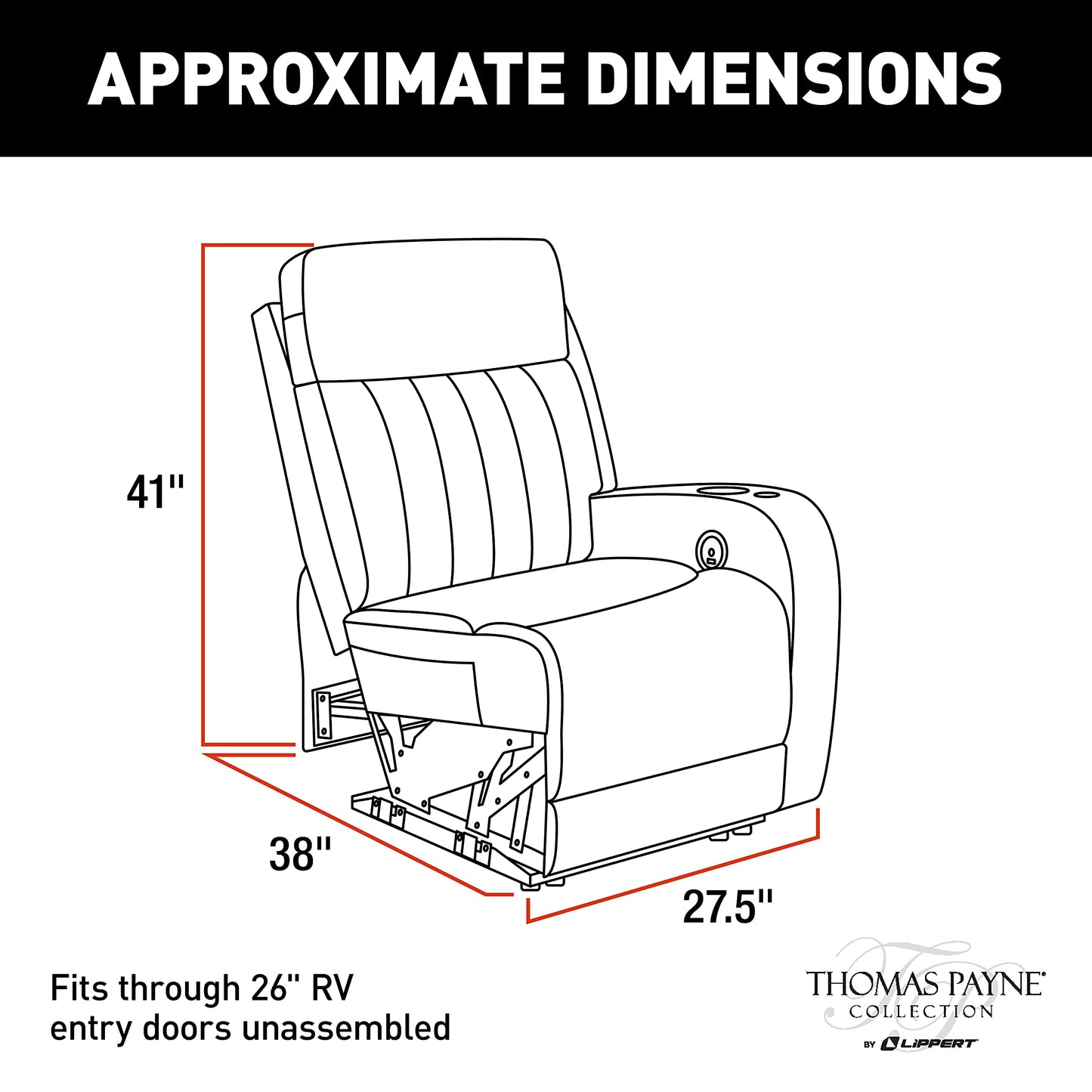 Thomas Payne® Seismic Series Luxury RV Theater Seating Recliner - Left Hand Configuration, Altoona – Remote Control Power Recline, Massage and Lumbar – Power Port Accessory Compatible – 2020134975