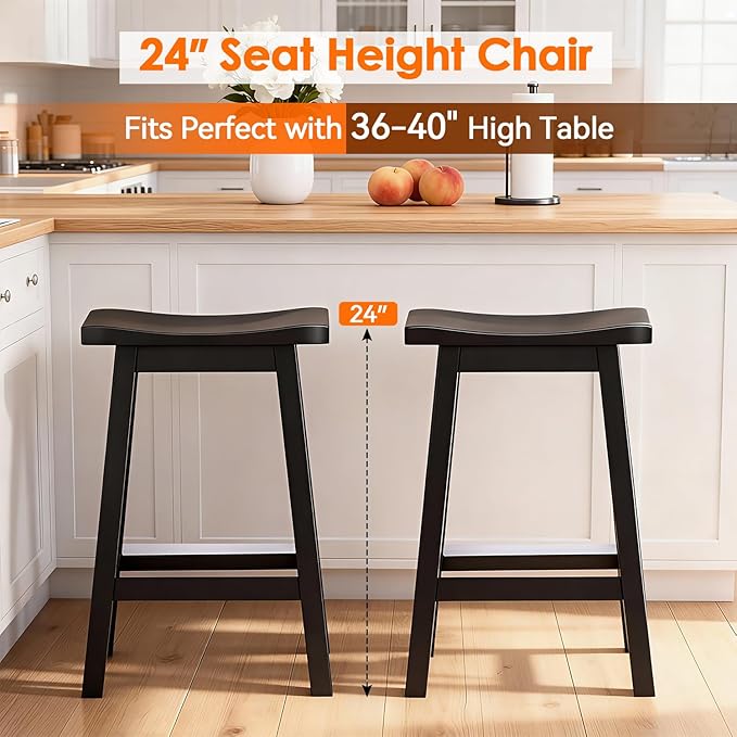 PayLessHere Bar Stools Set of 2, Wooden Saddle Stools 24 Inch Heigh, Bar Chairs Seat with Footrests and Industrial, Kitchen Counter Stools for Restaurant, Bistro Bar and Home Dining