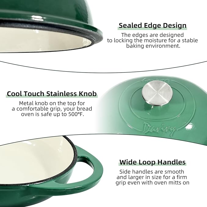 Davivy 6QT Enameled Oval Dutch Oven for Sourdough Bread Baking with Lid, Oval Cast Iron Bread Pan with Silicone Baking Mat, Cast Iron Sourdough Baking Pan - Forest Green