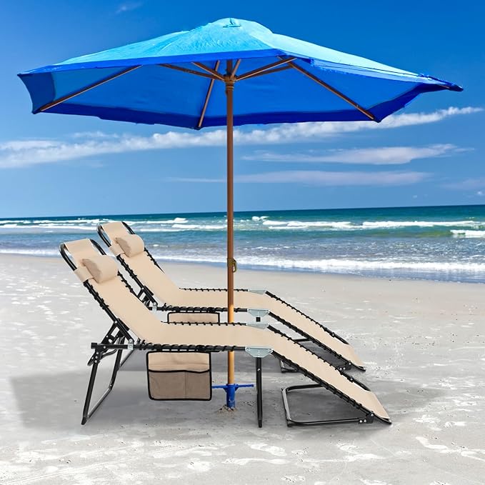 GYMAX Lounge Chairs for Outside, Extra High Folding Beach Tanning Lounger with Adjustable Backrest, Footrest & Removable Pillow, Sunbathing Lounge for Patio, Poolside (1, Sand with Pocket)