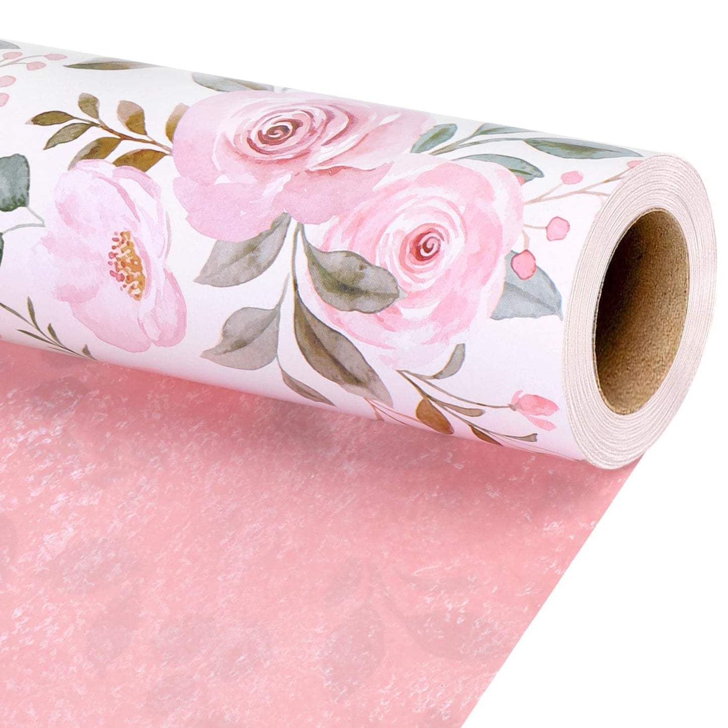 BIOBROWN Reversible Floral Wrapping Paper Roll - 30 Inches X 33 Feet (82.5 sq. ft. ttl.) Pink Watercolor Roses Design Flower Gift Wrap for Wedding, Bridal Shower, Mother's Day