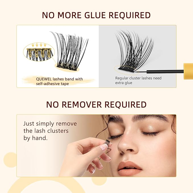 QUEWEL Self Adhesive Eyelashes Natural Look, No Glue Needed Lash Clusters with Eyelash Clusters Tweezer, 32 Pcs Reusable Lashes Self Adhesive for Beginners, DIY Lash Extensions for Home Use(ZN-03)