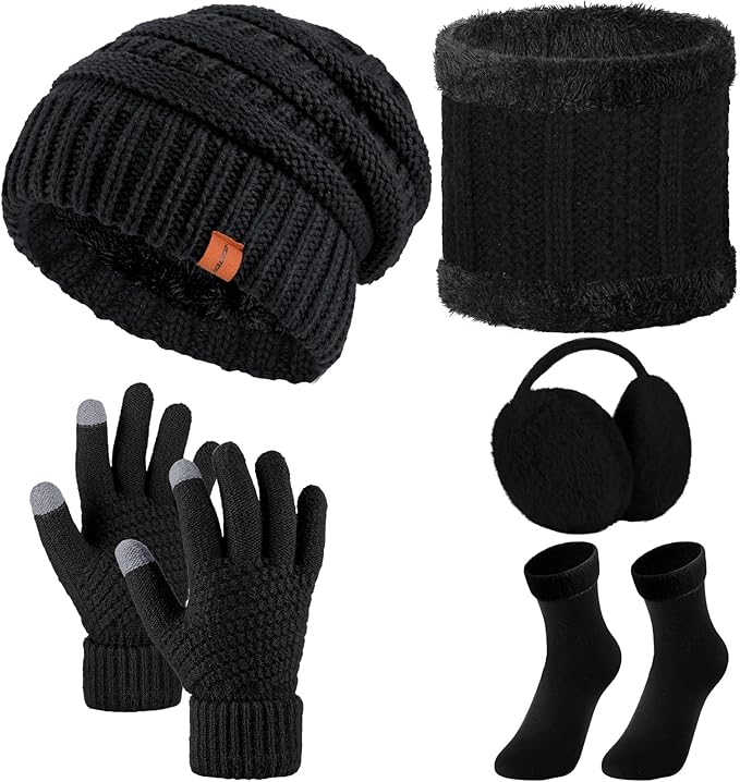 5 Pieces Women Winter Warm Set Knit Beanie Hat Scarf Touchscreen Gloves Earmuffs Stockings 5 in 1 Ski Outing Set for Gift