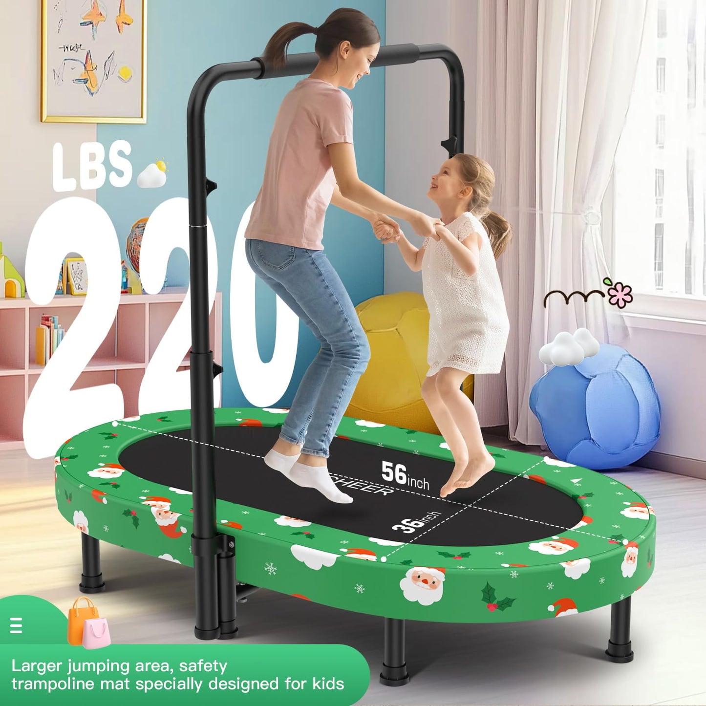 ANCHEER 56" Double Mini Trampoline for Kids, Mini Rebounder with 5-Level Adjustable Handle, Parent-Child Trampoline for Kids, Max Load 220lbs, Fun for Indoor/Outdoor
