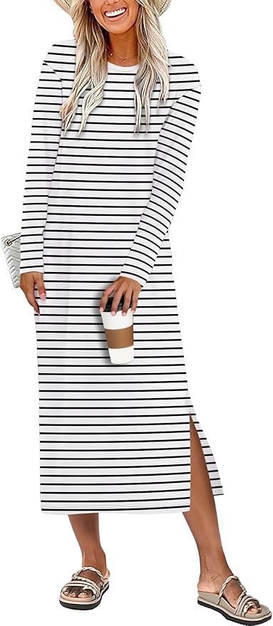 ANRABESS Long Sleeve Midi Dresses for Women Fall Fashion Casual Vacation Crewneck Loose Split Striped Long Tshirts Dress
